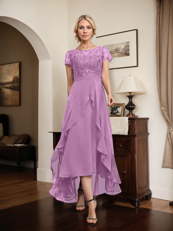 Vestido de madre de la novia de gasa asimétrica con escote en A, ilusión, encaje, lazo, volantes y lentejuelas 