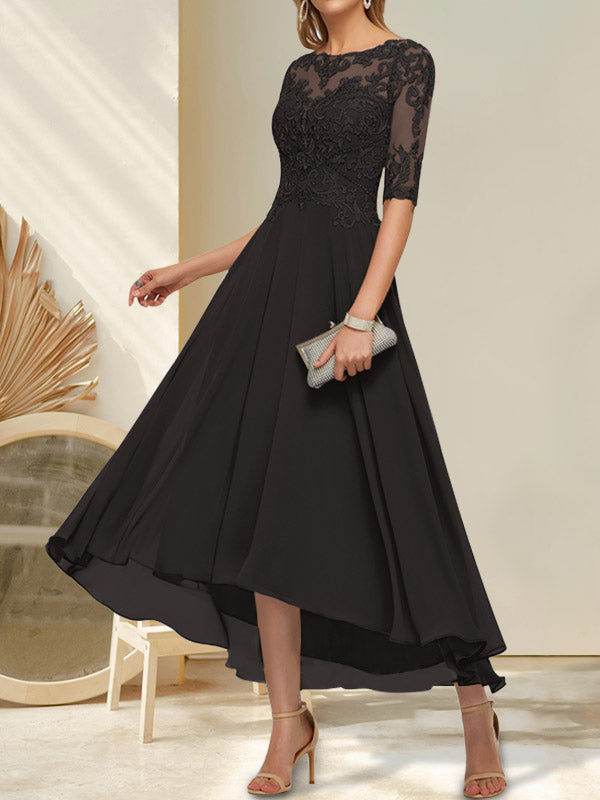 A-Linien-Kleid mit U-Boot-Ausschnitt, Illusion-Effekt, asymmetrischem Chiffon-Spitzenbesatz und Paillettenstickerei für die Mutter der Braut.