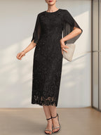 Etuikleid/Säulenkleid mit Rundhalsausschnitt, Teelänge, aus Spitze und Chiffon, ideal für die Mutter der Braut