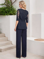 Jumpsuit/Hosenanzug-Set, bodenlanges Chiffon-Spitzenkleid mit Pailletten für die Mutter der Braut mit Rundhalsausschnitt