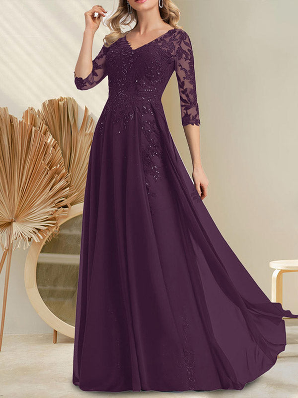 Vestido de gasa con encaje y lentejuelas para madre de la novia, corte A, escote en V y largo hasta el suelo