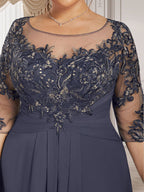 A-Linien-Kleid mit U-Boot-Ausschnitt, Illusion-Effekt, bodenlang, aus Chiffon und Spitze, mit Kaskadenrüschen – perfekt für die Mutter der Braut