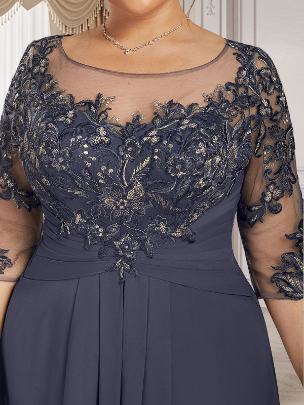 A-Linien-Kleid mit U-Boot-Ausschnitt, Illusion-Effekt, bodenlang, aus Chiffon und Spitze, mit Kaskadenrüschen – perfekt für die Mutter der Braut