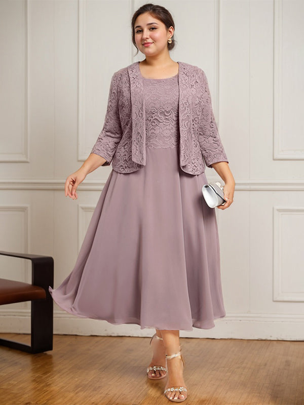 Vestido de gasa con encaje y escote redondo hasta la rodilla para madre de la novia 