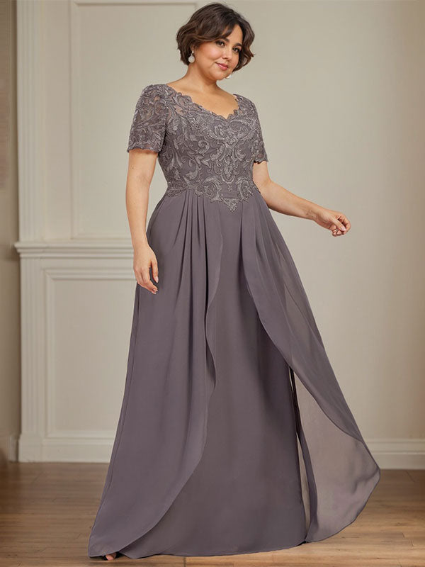 Vestido de gasa con encaje y escote en V hasta el suelo para madre de la novia
