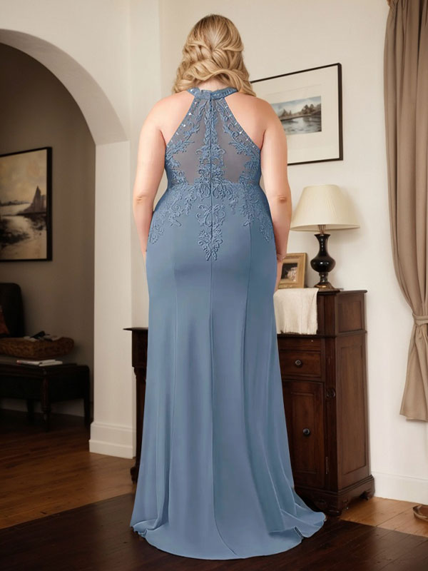 Vestido largo de madre de la novia con cuello halter y apliques en azul polvoriento