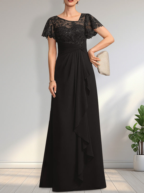 A-Linien-Kleid aus asymmetrischem Chiffon mit Illusion-Effekt, bodenlang, mit Kaskadenrüschen und Pailletten für die Mutter der Braut 