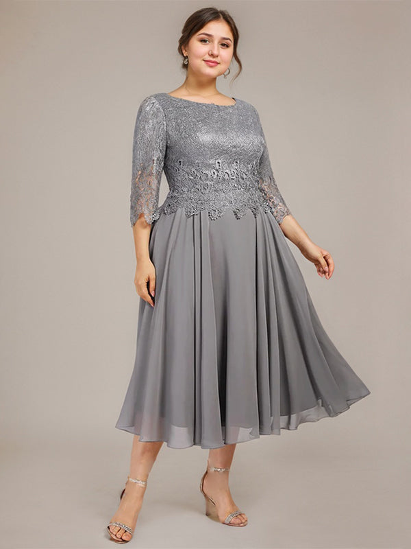 A-Linien-Kleid aus Chiffon mit Rundhalsausschnitt und Teelänge für die Mutter der Braut 