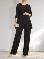 Jumpsuit/Hosenanzug-Set, bodenlanges Chiffon-Spitzenkleid mit Pailletten für die Mutter der Braut mit Rundhalsausschnitt