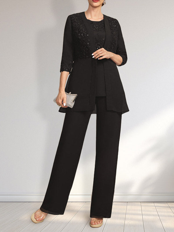 Jumpsuit/Hosenanzug-Set, bodenlanges Chiffon-Spitzenkleid mit Pailletten für die Mutter der Braut mit Rundhalsausschnitt