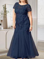 Dunkelblaues Meerjungfrauen-Tüllkleid mit Pailletten und Rundhalsausschnitt