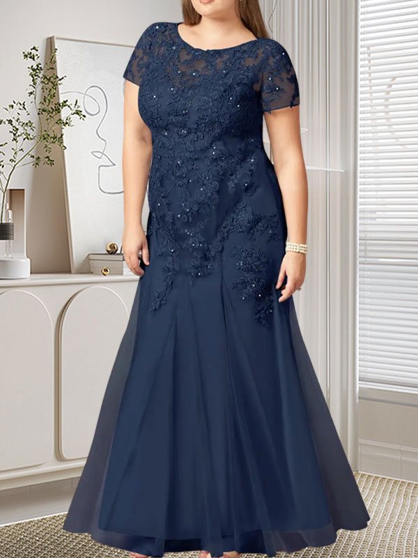 Dunkelblaues Meerjungfrauen-Tüllkleid mit Pailletten und Rundhalsausschnitt