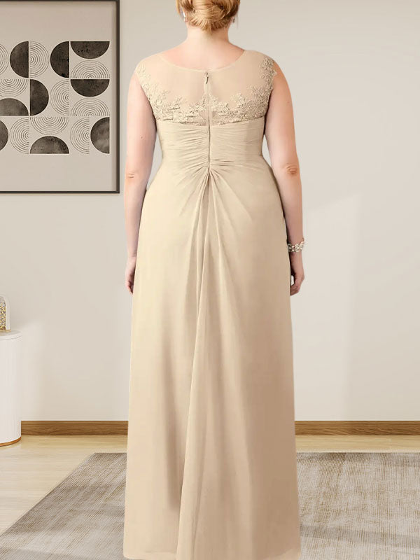 Champagnerfarbenes A-Linien-Chiffonkleid mit Rundhalsausschnitt und Spitze