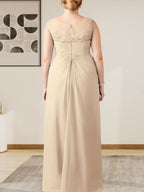 Champagnerfarbenes A-Linien-Chiffonkleid mit Rundhalsausschnitt und Spitze