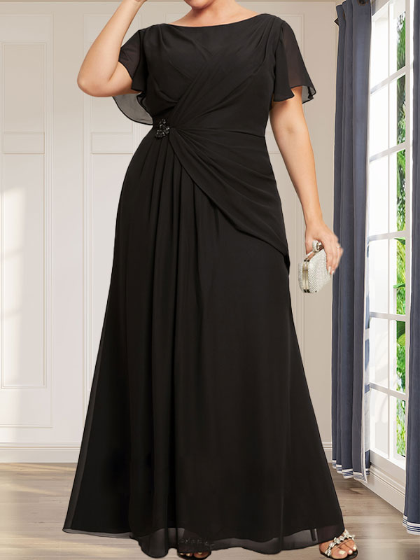 A-Linien-Chiffonkleid mit Rundhalsausschnitt, knöchellang, mit Perlenstickerei und Falten für die Mutter der Braut
