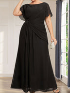 A-Linien-Chiffonkleid mit Rundhalsausschnitt, knöchellang, mit Perlenstickerei und Falten für die Mutter der Braut