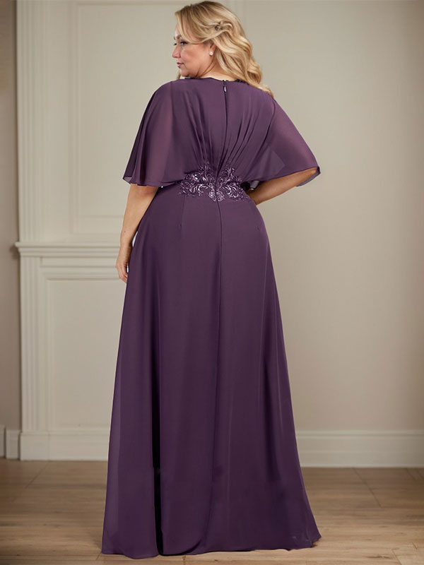 A-Linien-Kleid aus Chiffon mit V-Ausschnitt, bodenlang, für die Mutter der Braut, mit plissierten Paillettenapplikationen und Spitze