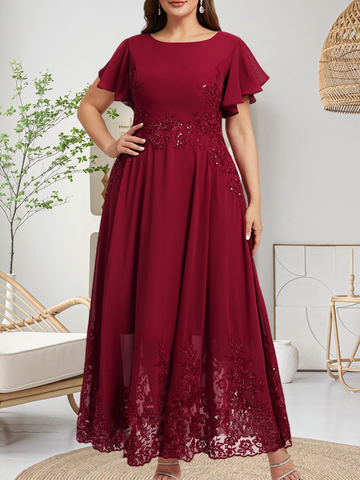 A-Linien-Kleid mit Rundhalsausschnitt, knöchellang, aus Spitze und Chiffon, mit Pailletten besetzt