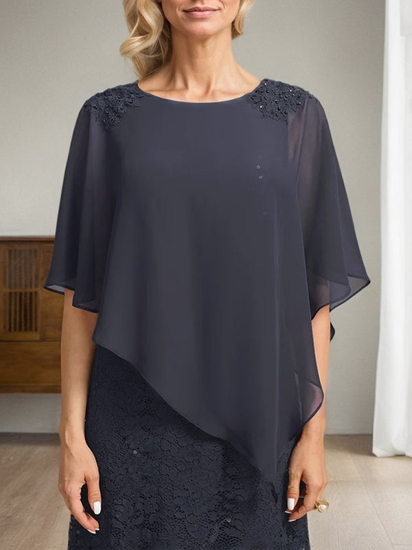 Vestido de madre de la novia de gasa con encaje, escote redondo y largo hasta el suelo, con lentejuelas y abalorios