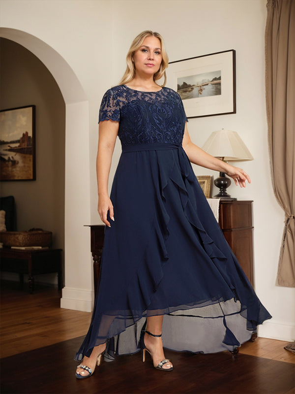 A-Linien-Kleid mit asymmetrischem Chiffon-Spitzenausschnitt, Schleife, Rüschen und Pailletten für die Mutter der Braut 