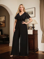 Jumpsuit/Hosenanzug, bodenlanges Chiffon-Abendkleid mit V-Ausschnitt