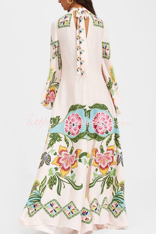Shine The Light Unique Printed High Neck Bell Sleeve Loose Maxi Dress