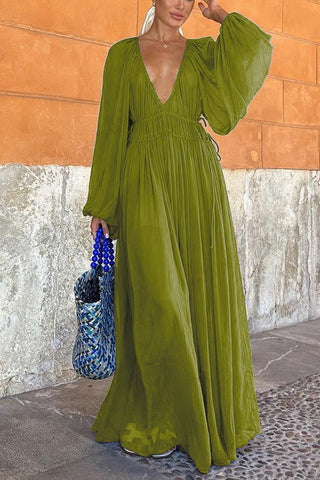 Vestido largo de gasa con cintura fruncida y fruncido 