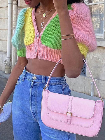 Tossy Y2K Sweater Short Cardigan Vest Women Knitted Crop Top V-Neck Lantern Sleeve Summer Mini Coat Casual Knitwear Tops
