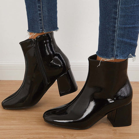 Botines de charol con tacón de bloque y punta cuadrada con cremallera lateral 