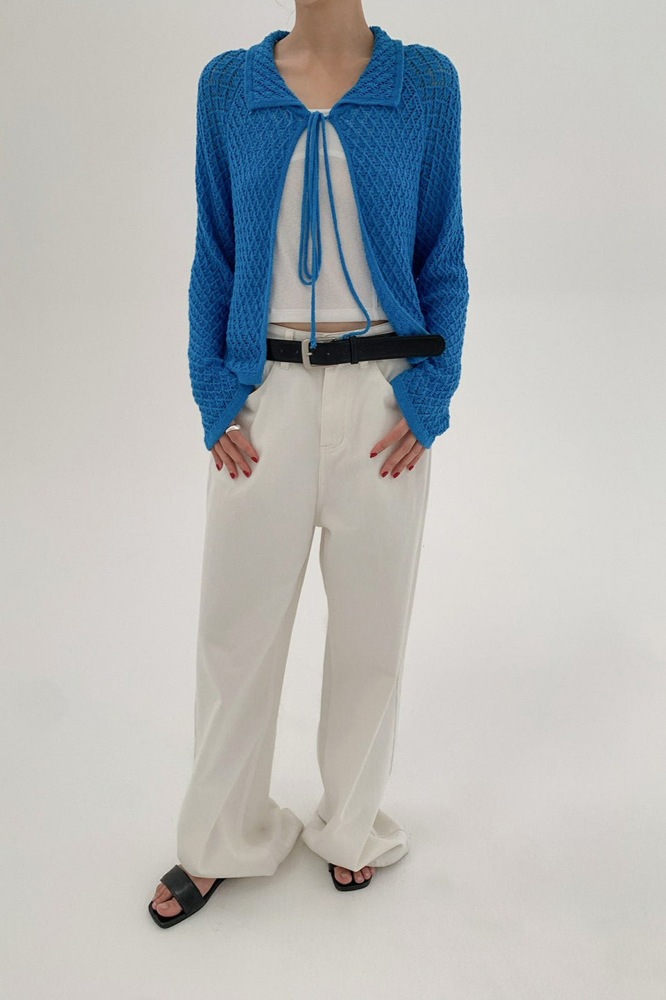 Hollow-Out Collared Tie-Waist Long-Sleeve Short Knit Cardigan