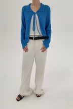 Hollow-Out Collared Tie-Waist Long-Sleeve Short Knit Cardigan