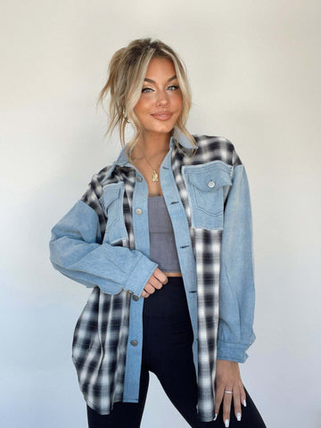 Herbst Winter Denim Nähte Plaid Mantel Lose Top Frauen 