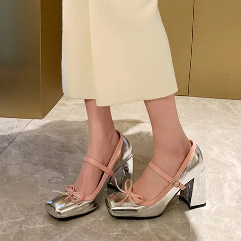 Karree Bogen Mary Janes Schuhe Frauen High Heels Party Lolita Schuhe 2024 Frühjahr Neue Mode Pumpen Elegante Weibliche Chunky Zapatos 
