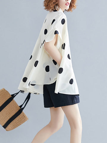 Fledermausärmel Lose Polka-Dot Revers Blusen &amp; Hemden Tops 