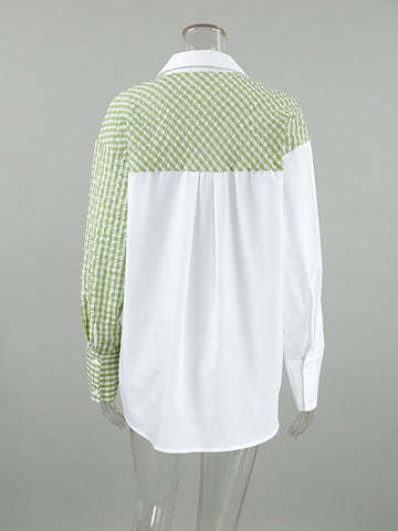 Long Sleeves Loose Buttoned Contrast Color Plaid Pockets Split-Joint Lapel Blouses&Shirts Tops