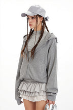 Star Print Ear Decor Cropped Hoodie