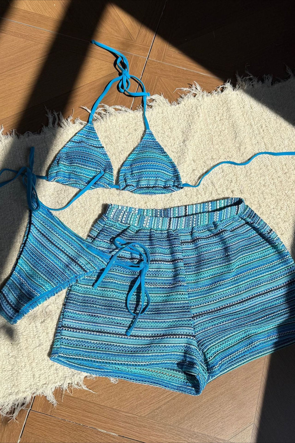 Knit Colorblock Three Piece Bikini Set