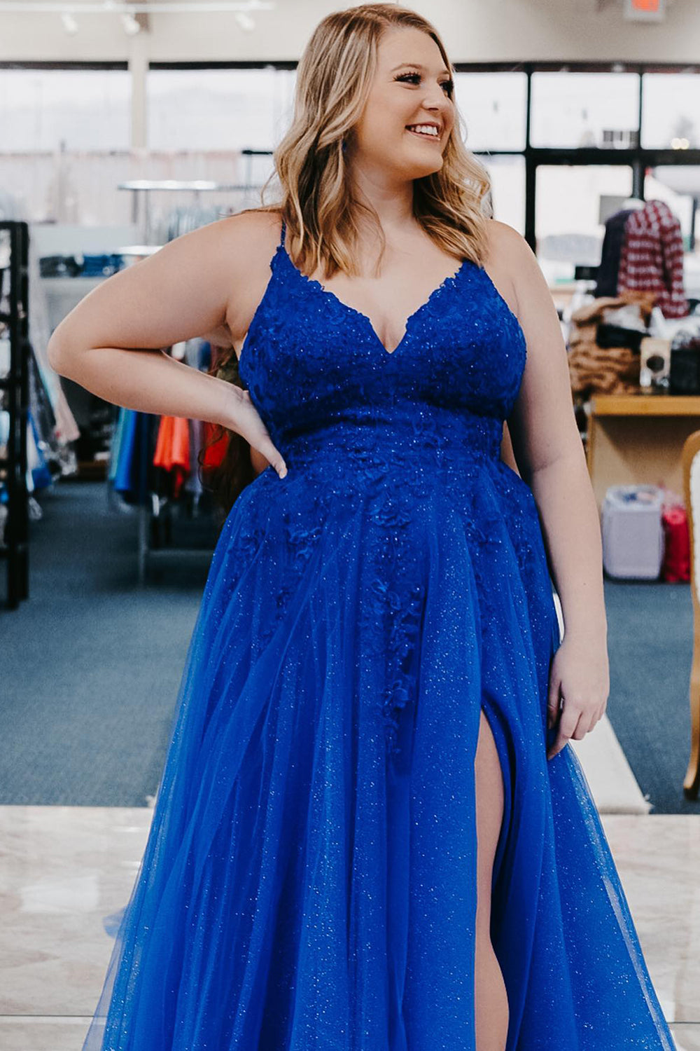 A-Linien-Abendkleid mit Spaghettiträgern, königsblau, Übergröße, mit Applikationen
