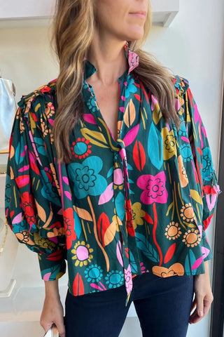 Blusa con mangas abullonadas y estampado floral verde vibrante 