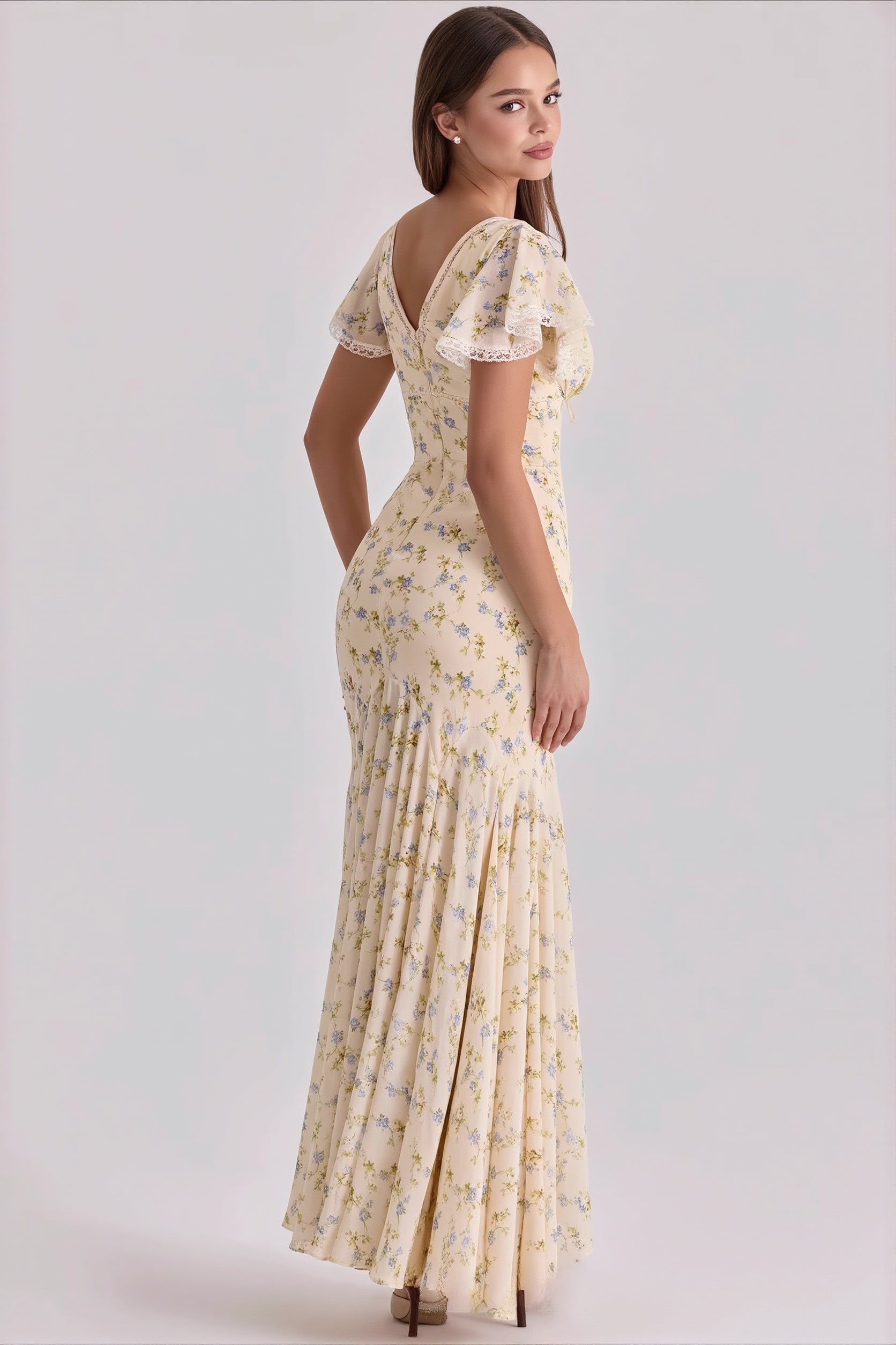 Floral Printed V-Neck Bodycon Maxi Dress