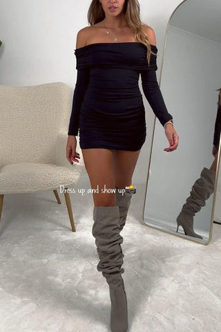 Friday Party – Schulterfreies, langärmliges, gerüschtes Stretch-Minikleid 