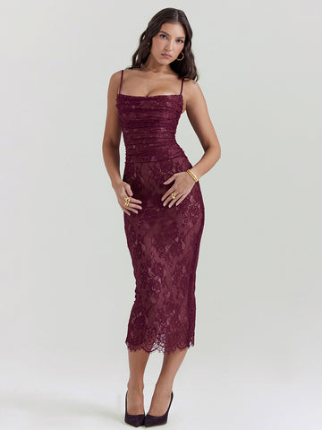 Figurbetontes Kleid aus Spitze, verstellbarer Spaghettiträger, Schnürung, sexy Party-Midikleider 