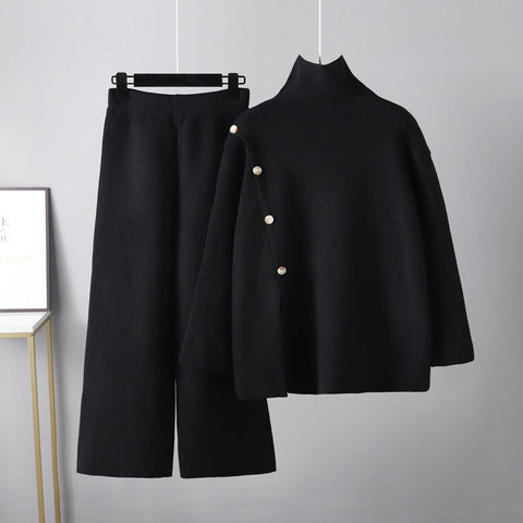 Stand Collar Slit Knitted Turtleneck Sweater Women Winter Warm Anti-Aging Casual Wide Leg Pants Set