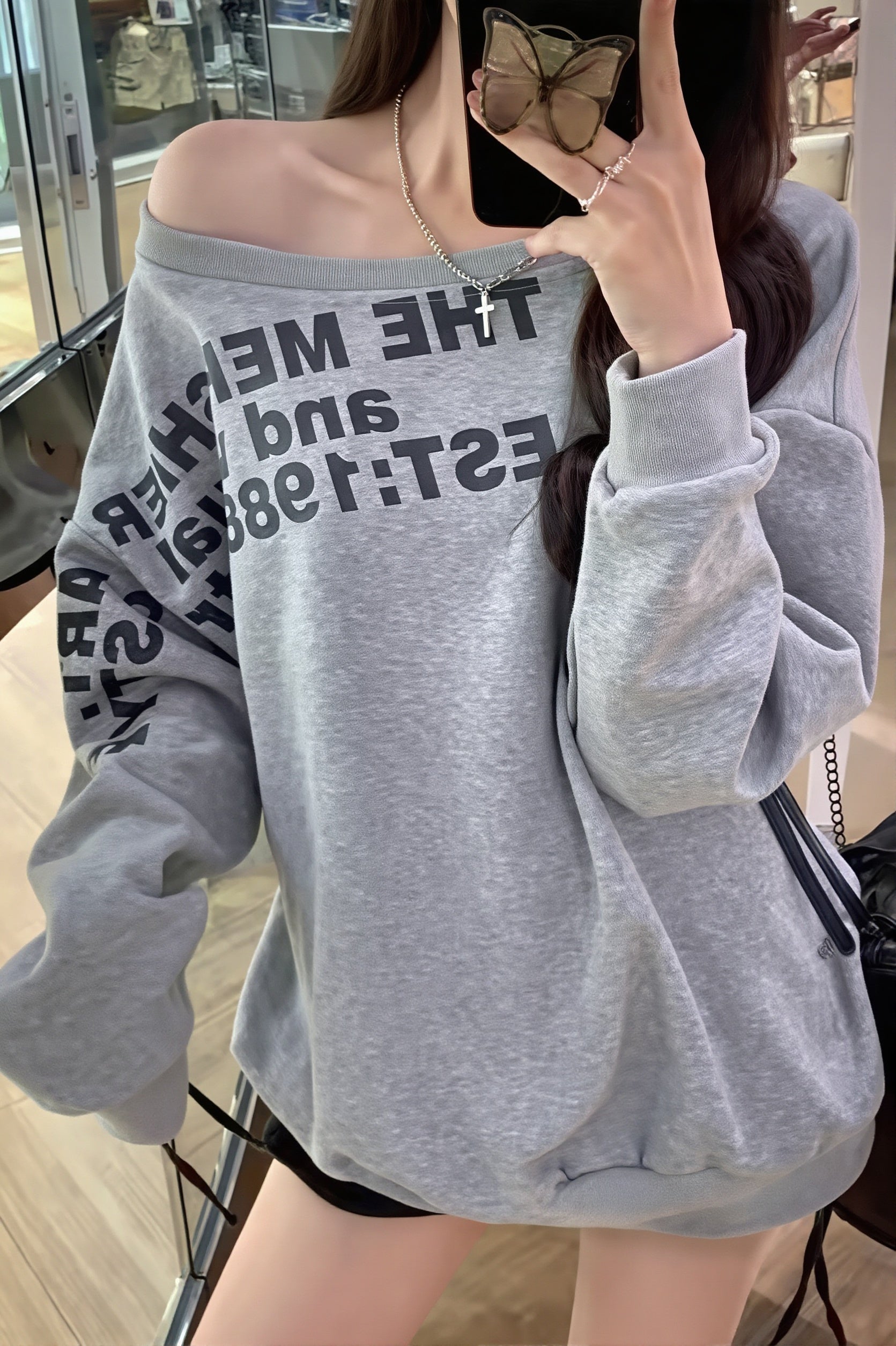 Off Shoulder Letter Print Sweatshirt
