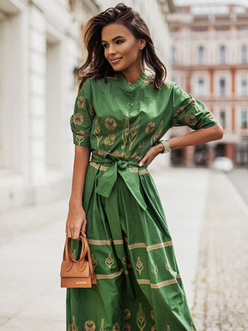 Maxi Dress Stand Collar Half Sleeves Linen Sexy Floral Print Drawstring Floor Length Dress