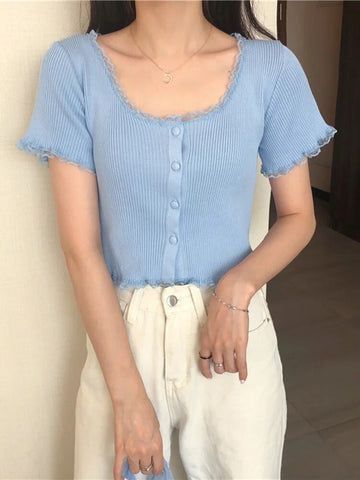 O Neck Ruffles Short Sleeve T Shirt Women Summer Casual Button Crop Top Basic Blue Pink T Shirt Tops