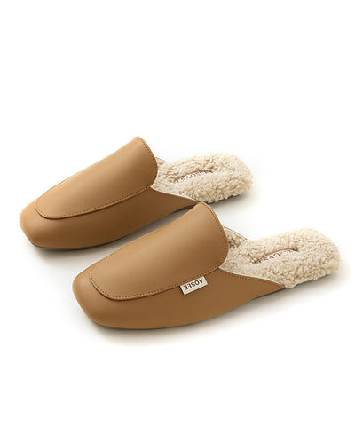 Zapatillas de piel sintética color rojo ladrillo para mujer, forradas en lana afelpada 