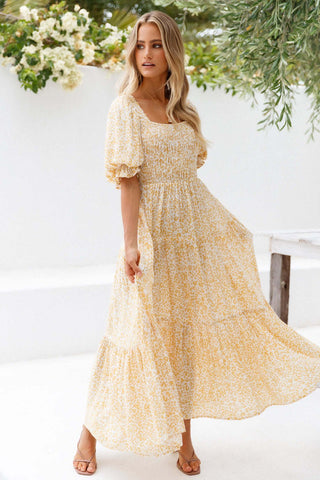 Besty Printed Smock Square Neck Maxi Dress