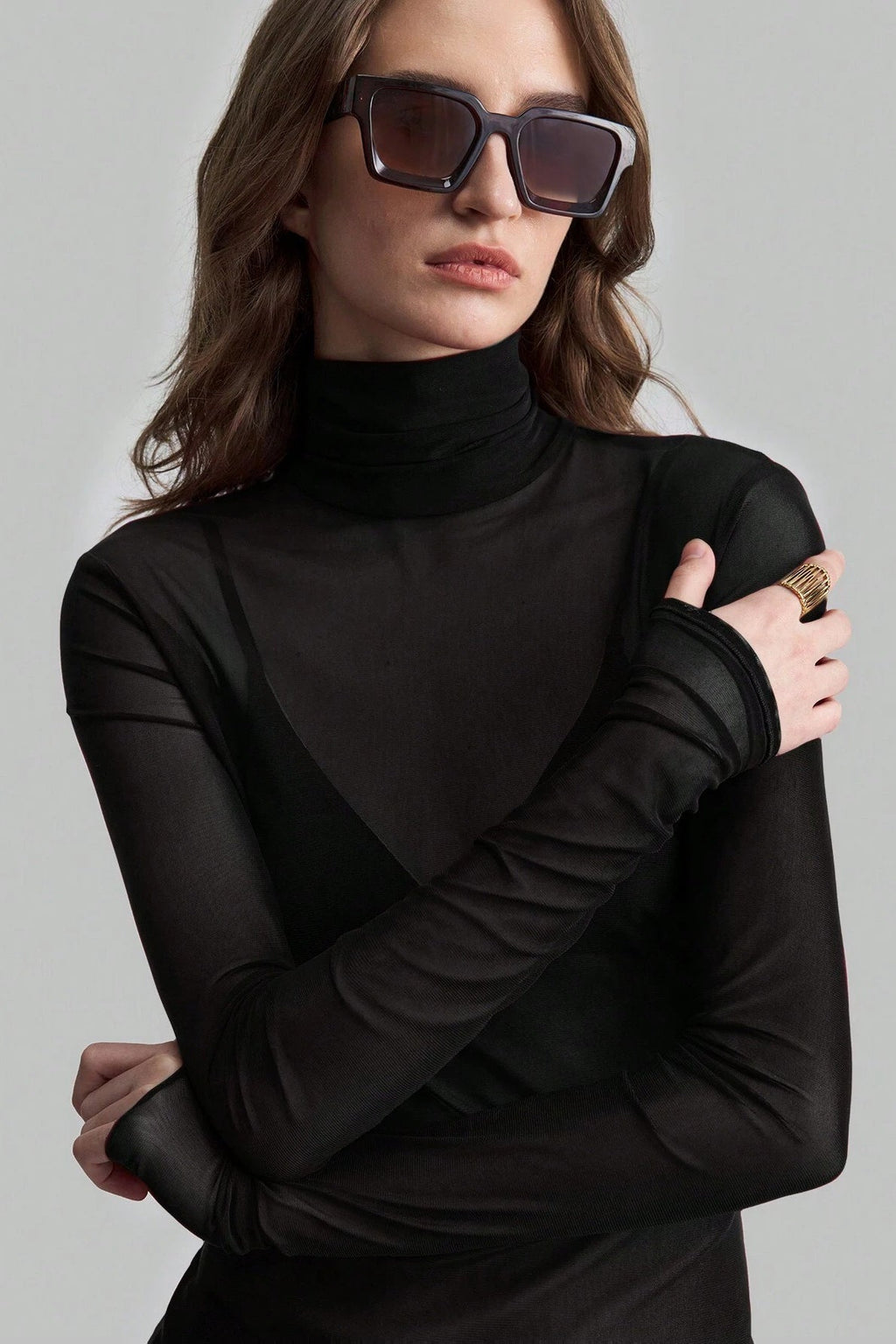 Stand Collar Solid Mesh Slim Fit Long Sleeve Tee