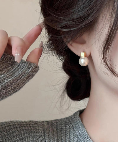 Art White Sterling Silver Overgild Pearl Stud Earrings